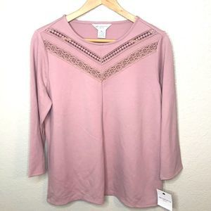 Liz Claiborne Blouse Mauve Crochet Top 3/4 sleeve